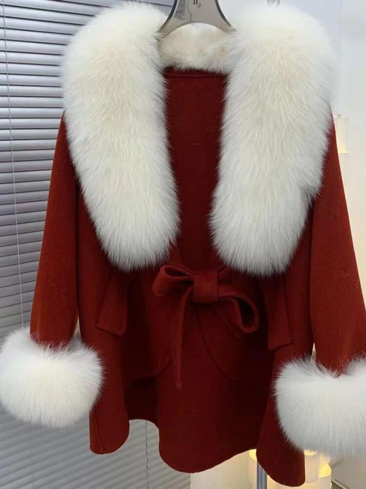 New Winter Autumn Women Woolen Jacket Real Big Fur Trim Collar High-end Cashmere Blends Luxury Fashionable Cloak