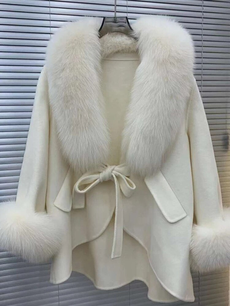 New Winter Autumn Women Woolen Jacket Real Big Fur Trim Collar High-end Cashmere Blends Luxury Fashionable Cloak