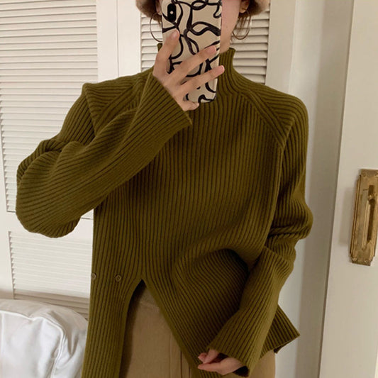 High Collar Sweater Women's Korean Edition Autumn and Winter Long Sleeve Top Design Sense Small Retro Split Knitwear