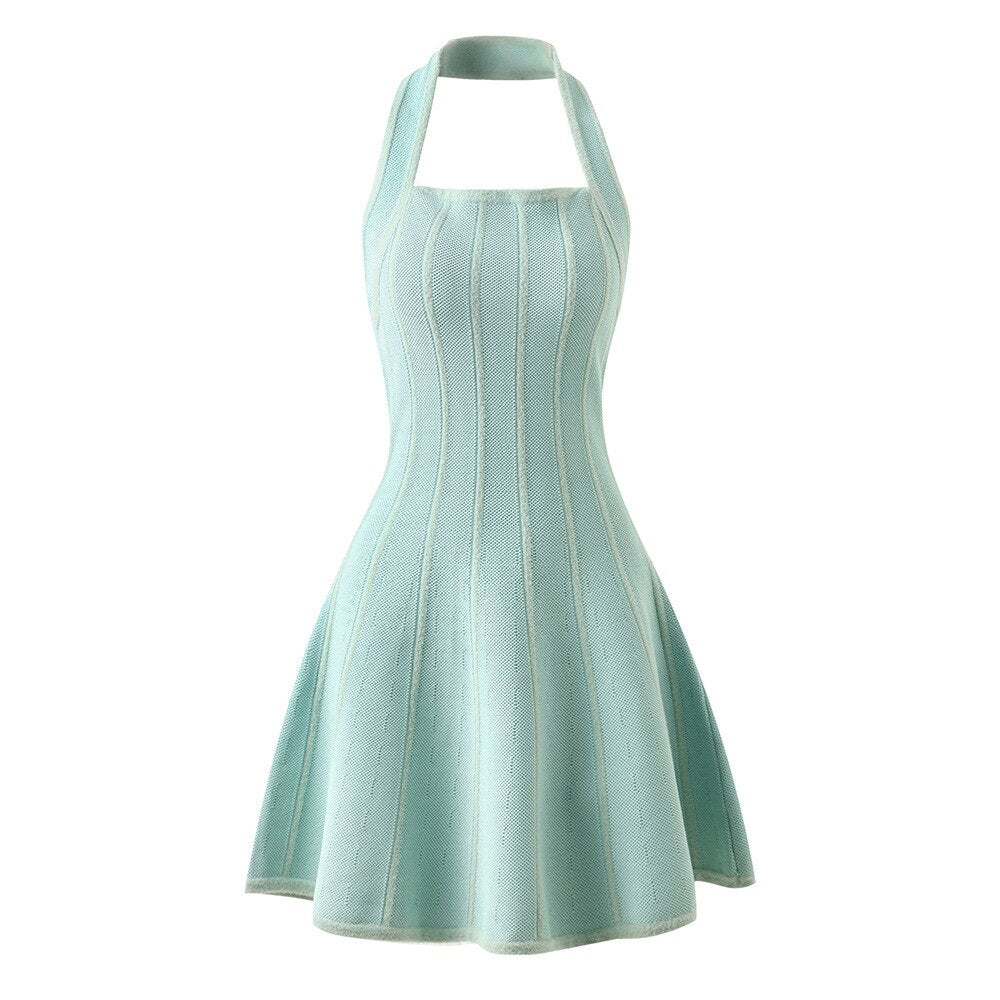 New Women's Sleeveless Backless A-line Dress Street Dress Sweet Sexy Button Knitted Dress Party Club Dress Vestido